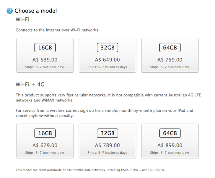 iPad models as seen on the Australian Apple Store
