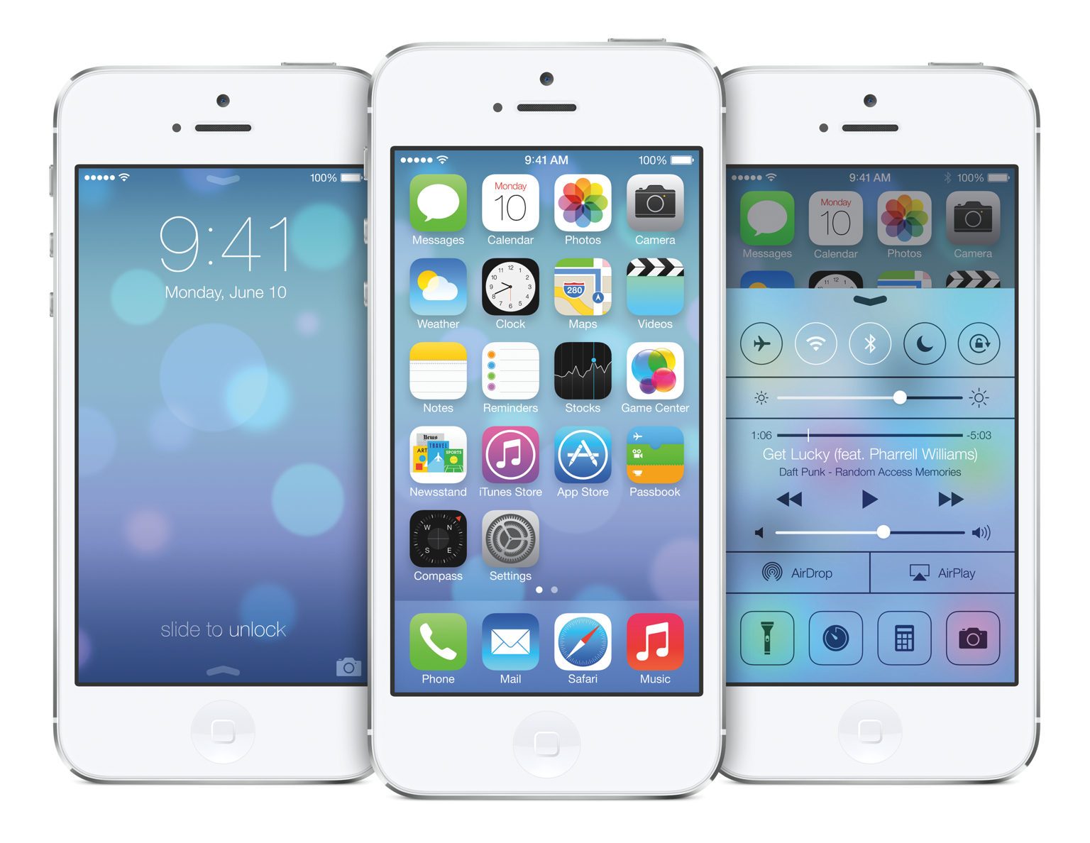 iOS 7 preview (from left to right) Lock Screen, Home Screen, Control Centre | Image courtesy of Apple