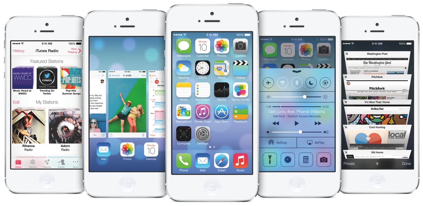 iOS 7 preview (from left to right) iTunes Radio, Multitasking interface, Home screen, Control Centre, Safari Tabs