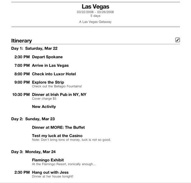 Knapsack's Printed Itinerary