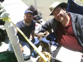 From the left: Jonathan Zamick, Eos, and Christopher Allen in the Emeryville Store queue
