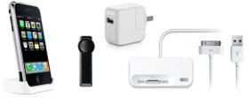 Pictured (left to right): iPhone in dock, Apple Bluetooth headset, USB power adapter, Dual Dock and USB to Dock connector cable