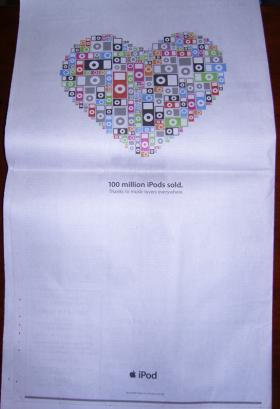 Apple announces 100 million iPods sold; via a 2-page spread in the Wall Street Journal | Monday April 9, 2007