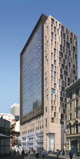 A render of the future building, the facade which is barely visible actually sticks out creating a glass box on the front the building.